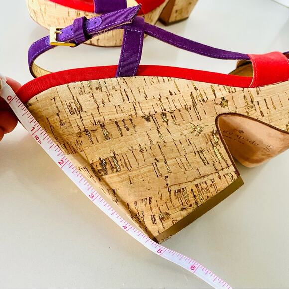 KATE SPADE Purple Red Colorblock Penny Cork Wedges Heeled Sandals Slingback 9.5 - Picture 11 of 12